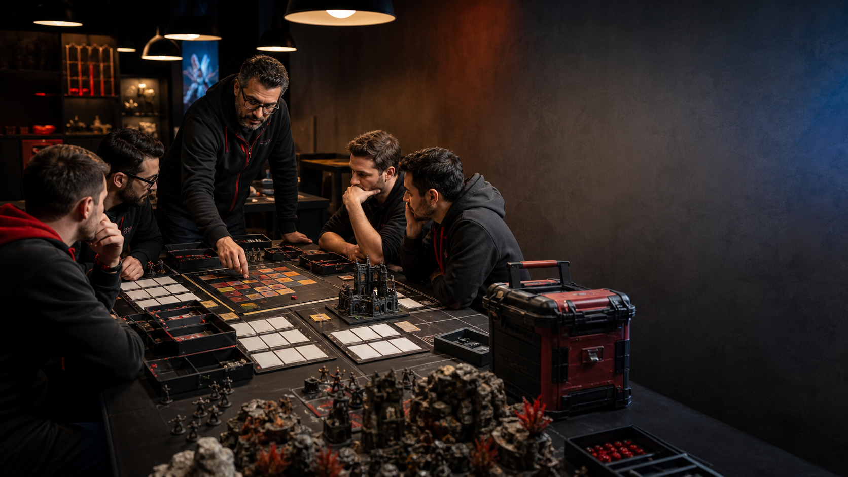 Coach animant une session de stratégie pour une équipe autour d'une table de jeu